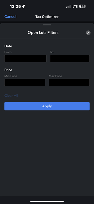 The tax optimizer open lots filters on the iPhone. 